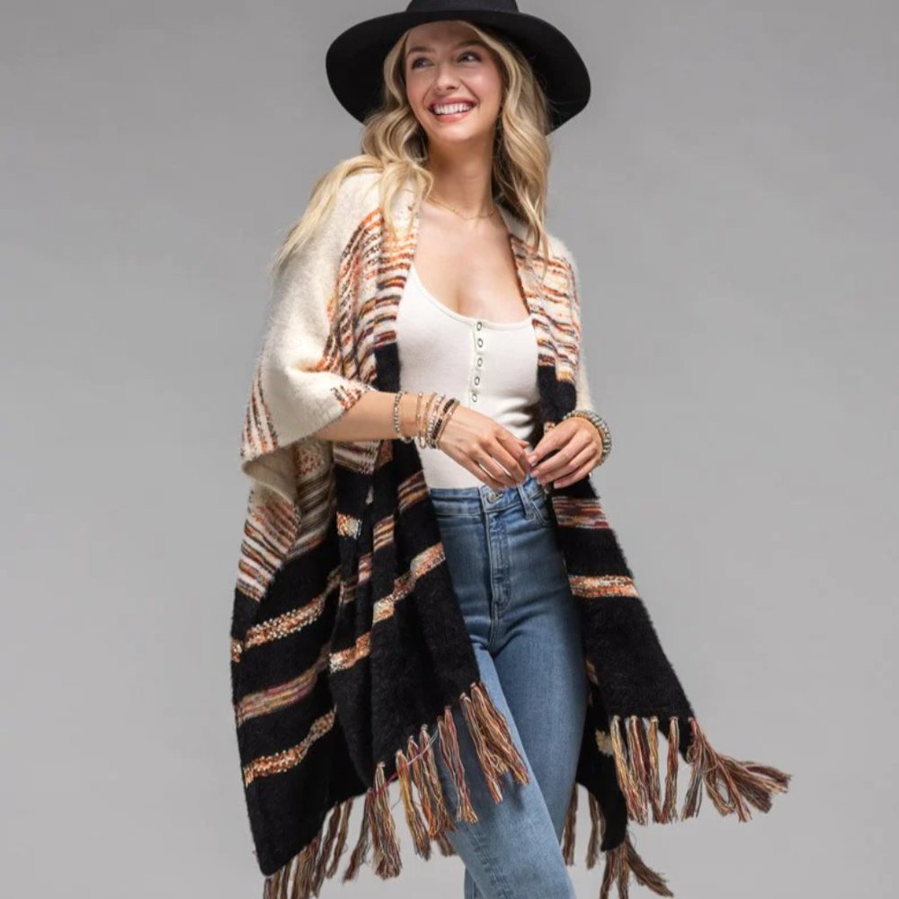 Stripe Pattern Faux Fur Ruana Sweater Jacket Ruana - Picture 3 of 5